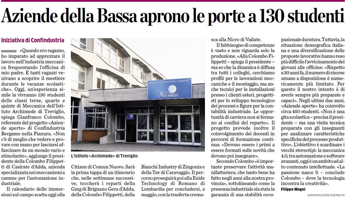 GMG SRL Hitech Officina Meccanica meets the Archimede Institute of Treviglio - Collaboration with Confindustria Bergamo for the Open Companies event